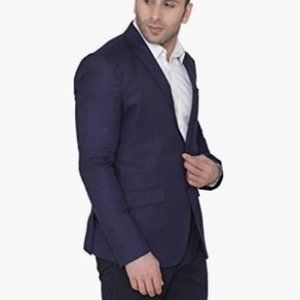 WINTAGE Men's Linen Tailored Fit Solid Blazer Coat Jacket: Navy Blue